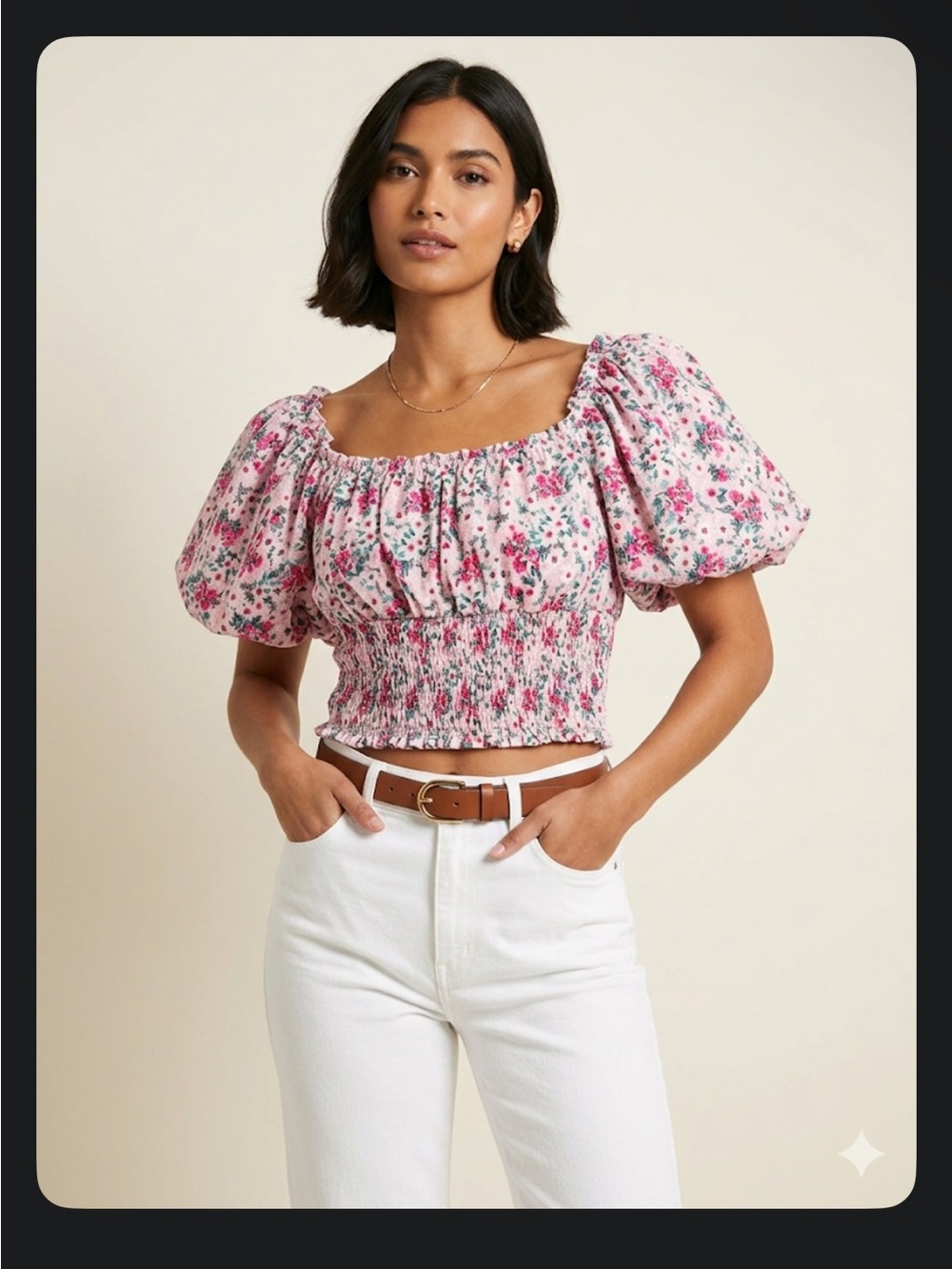 AFRM Pink Floral Puff Sleeve Crop Top